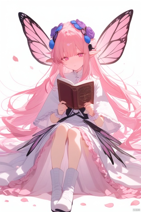 (pink theme),1girl, solo, flower, pink hair, long hair, wings, white background, pink flower, hair ornament, book, pink eyes, sitting, hair flower, dress, frills, simple background, white footwear, looking at viewer, bangs, petals, wide sleeves, full body, blue flower, holding, boots, long sleeves, closed mouth, very long hair, open book, wrist cuffs, white dress, holding book, butterfly wings, rose, pink rose, blush, purple flower, frilled dress, fairy wings, frilled sleeves