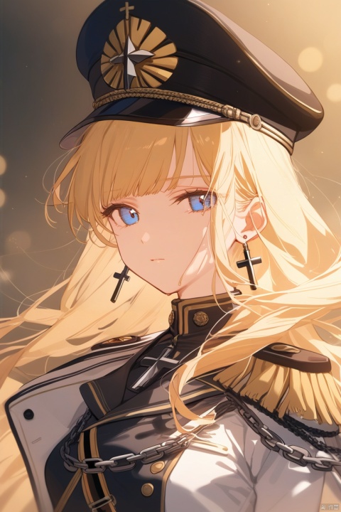  1girl, solo, long hair, looking at viewer, bangs, blue eyes, blonde hair, hat, jewelry, closed mouth, jacket, upper body, earrings, uniform, english text, military, black headwear, military uniform, chain, cross, peaked cap, epaulettes, military hat, cross earrings, aiguillette