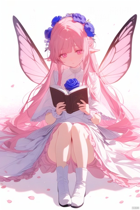  (pink theme),1girl, solo, flower, pink hair, long hair, wings, white background, pink flower, hair ornament, book, pink eyes, sitting, hair flower, dress, frills, simple background, white footwear, looking at viewer, bangs, petals, wide sleeves, full body, blue flower, holding, boots, long sleeves, closed mouth, very long hair, open book, wrist cuffs, white dress, holding book, butterfly wings, rose, pink rose, blush, purple flower, frilled dress, fairy wings, frilled sleeves
