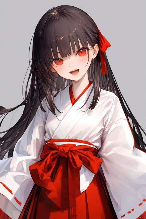 1girl, solo, long hair, looking at viewer, blush, bangs, skirt, simple background, black hair, long sleeves, white background, red eyes, standing, :d, japanese clothes, wide sleeves, kimono, grey background, head tilt, ribbon trim, hakama, straight hair, hakama skirt, ribbon-trimmed sleeves, miko, red hakama