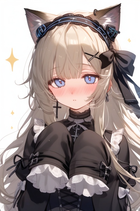 1girl, solo, long hair, looking at viewer, blush, bangs, blue eyes, simple background, hair ornament, long sleeves, white background, dress, bow, animal ears, jewelry, closed mouth, upper body, hair bow, hairband, earrings, hairclip, cat ears, black dress, sleeves past wrists, grey eyes, sparkle, black bow, cross, black hairband, x hair ornament, sleeves past fingers, lolita fashion, gothic lolita, cross earrings