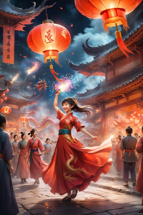  The painting presents a scene full of festive atmosphere. In the center of the picture, a red dragon rises in the air, its scales shining like flames dancing. The dragon's eyes are bright, and the corners of his mouth are slightly turned, as if he were laughing. The dragon's posture is strong, like a lightning across the sky, giving people a strong visual impact. In front of the dragon, a girl in a red dress holds fireworks in her hand and jumps merrily. The red dress is fluttering in the wind, and the red dragon is set against each other. The girl's face was filled with a happy smile, as if celebrating some happy event. Her eyes shone like stars, and she looked forward to the future. The background of the picture is a lively street, lanterns are hung high, and the festive atmosphere permeates every corner. The houses, streets and people in the distance are all looming, forming a strong contrast with the dragons and girls in the foreground, making the picture more vivid and three-dimensional.
1 girl and 1 dragon,full body,
render,technology, (best quality) (masterpiece), (highly detailed), 4K,Official art, unit 8 k wallpaper, ultra detailed, masterpiece, best quality, extremely detailed, dynamic angle,atmospheric,highdetail,exquisitefacialfeatures,futuristic,sciencefiction,CG, cute animal