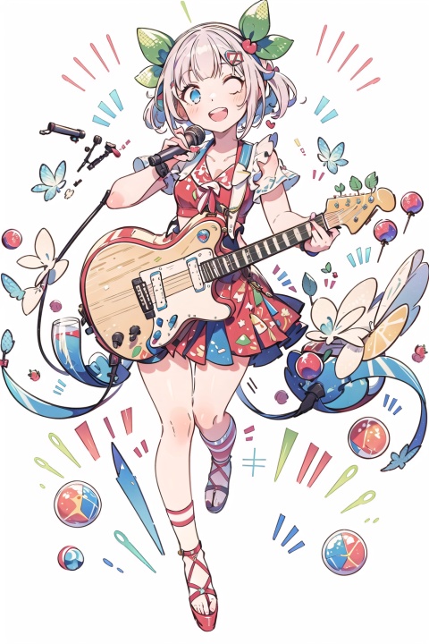 masterpiece, A girl holding a guitar, singing, happy, dopamine style