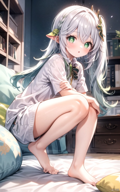  best_quality, extremely detailed details, simple,clean_picture, loli,solo,1 girl,full_body,
pretty face,extremely delicate and beautiful girls,(beautiful detailed eyes),green_eyes,white_hair,very_long_hair,
office_room,(((shirt))),only_shirt,bare_legs,bare_foots,no_dress,no_ trousers,no_pants,
nahida (genshin impact), , nahida (genshin impact), , , ,