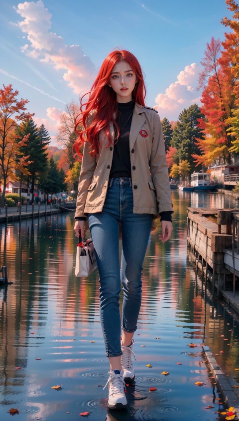  1 Girl, solo, red hair, blue eyes, glowing, glowing eyes,
Perfect body, pretty face with details, whole body, shoes, long eye browses, big, cut eyes, movie lights, Movie lights, strong contrast, high level of detail, best quality, masterpiece, white background, Chinese style, midjournal portal, lake surface, small boat, fallen leaves, autumn, military coat, sunset, sunset, sunset, red clouds, reflection,