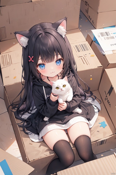  1girl,solo,cat girl,blunt bangs,hair ornament,(:3),long hair,Hoodies_Cat pattern,cat_thighhighs,from above,Sitting in a cardboard box,Cats and cats cuddle in cardboard boxes,