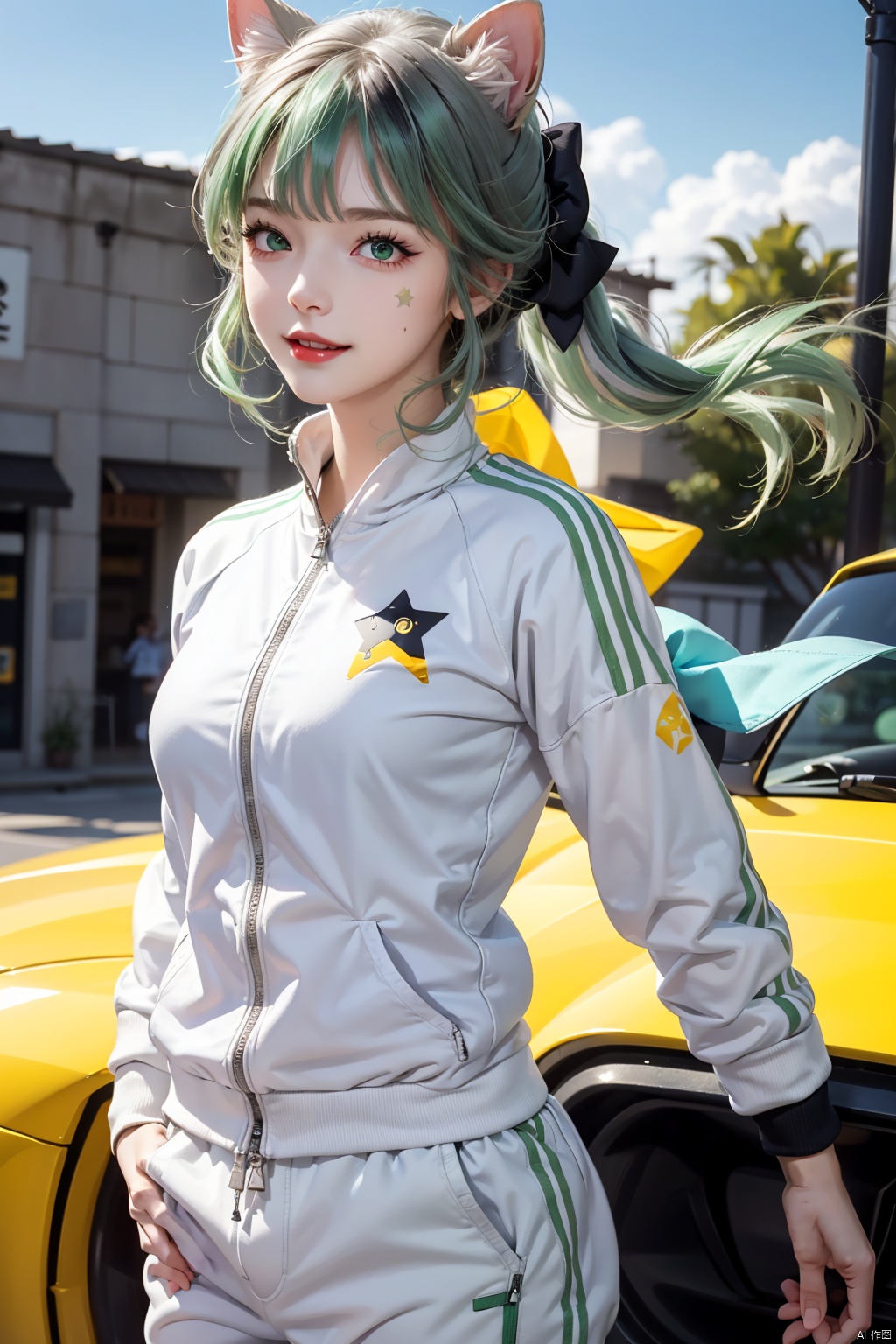  Linnitelp, Lynette_ (genshin_impact), 1girl, solo, game CG, red lips, upper body, cat ears, purple eyes, (star_ (symbol): 1.3), white hair, (green hair bow: 1.3), baby face, outdoor, (in white tracksuit, white sweatpants: 1.3), (in yellow tracksuit, black sweatpants: 1.3), ((breeze)), splash, flappy petals, wind, Smiling, upper body shots