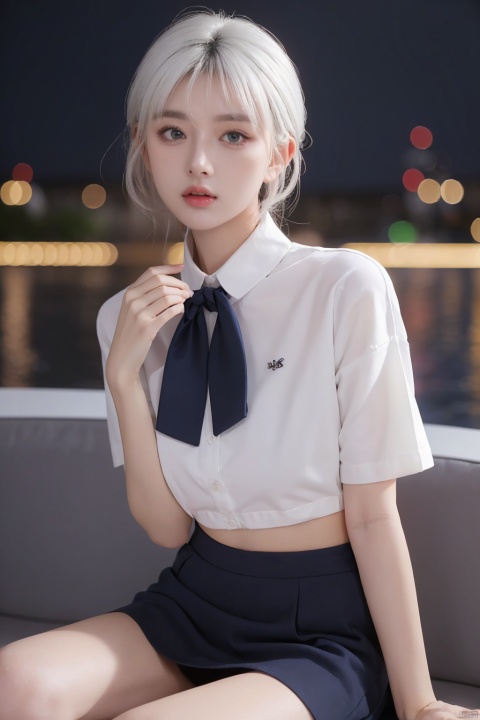  1girl,(8k, RAW photo, best quality, masterpiece:1.3),(realistic,photo-realistic:1.37),(night),(looking at viewer:1.331),(white hair),posing,Tokyo street,nightcityscape, , cyberpunk city,soft light,1girl,extremely beautiful face,bust,put down hands,Random hairstyle,Random expression,big eyes, ,lower abdomen,(short-sleeved 
JK_shirt),JK_style,(dark blue JK_skirt) ,(bow JK_tie),mix4, an extremely delicate and beautiful girl, depth of field, blurry background, blurry foreground, delicate, beautiful, beautiful face, beautiful eyes, beautiful girl, delicate face, delicate girl, 8k wallpaper,(best quality:1.12),(detailed:1.12),(intricate:1.12),(ultra-detailed:1.12),(highres:1.12), hyper detailed,ultra-detailed, high resolution illustration, colorful, 8k wallpaper, highres, Cinematic light, ray tracing, (8k, RAW photo, best quality, masterpiece, ultra highres, ultra detailed:1.2), (realistic, photo-realistic:), HUBG_Beauty_Girl