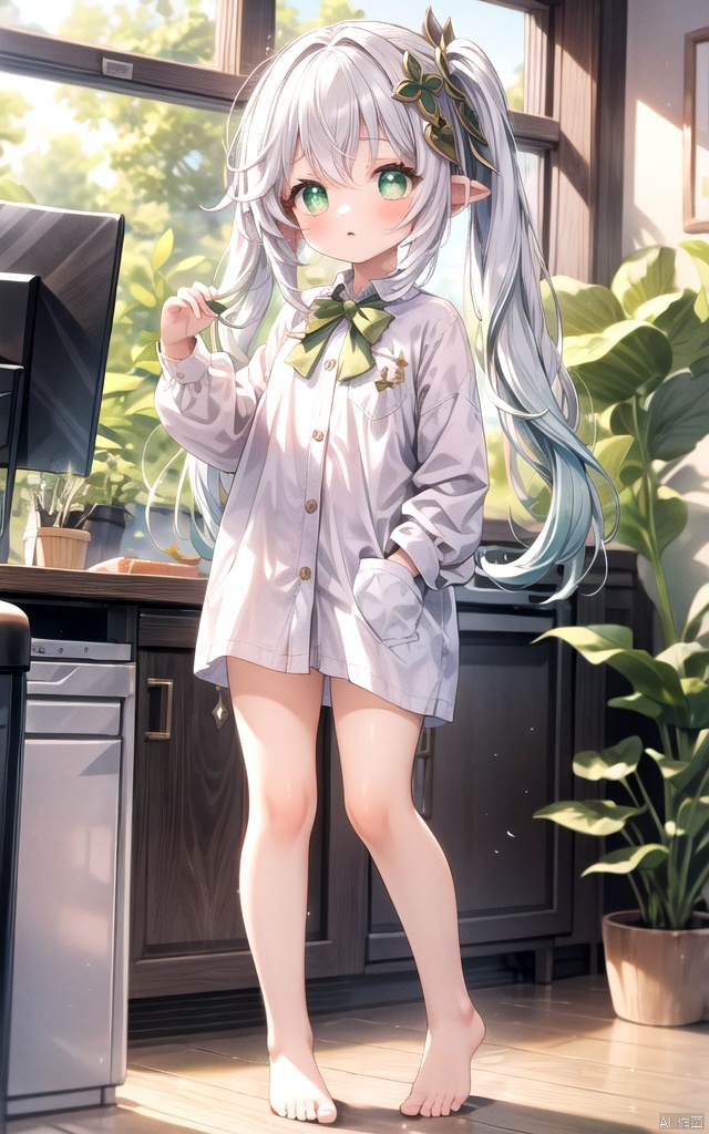  best_quality, extremely detailed details, simple,clean_picture, loli,solo,1 girl,full_body,
pretty face,extremely delicate and beautiful girls,(beautiful detailed eyes),green_eyes,white_hair,very_long_hair,
office_room,(((shirt))),only_shirt,bare_legs,bare_foots,no_dress,no_ trousers,no_pants,
nahida (genshin impact), , nahida (genshin impact), , , ,
