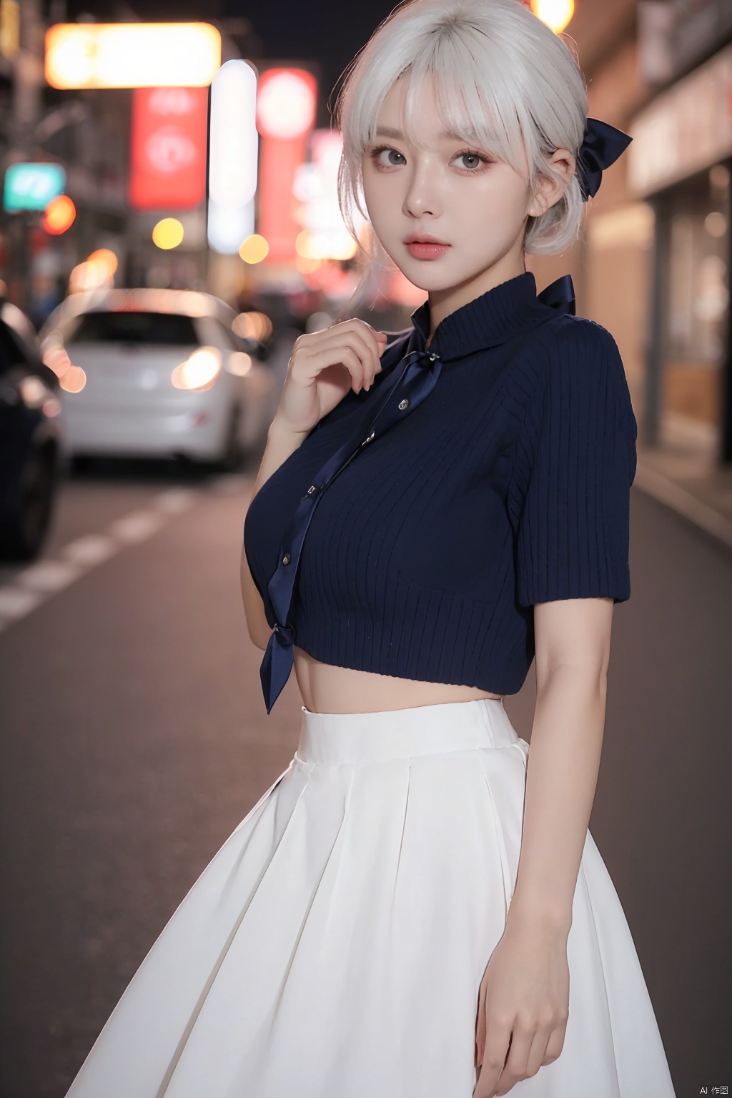  1girl,(8k, RAW photo, best quality, masterpiece:1.3),(realistic,photo-realistic:1.37),(night),(looking at viewer:1.331),(white hair),posing,Tokyo street,nightcityscape, , cyberpunk city,soft light,1girl,extremely beautiful face,bust,put down hands,Random hairstyle,Random expression,big eyes, ,lower abdomen,(short-sleeved 
JK_shirt),JK_style,(dark blue JK_skirt) ,(bow JK_tie),mix4, an extremely delicate and beautiful girl, depth of field, blurry background, blurry foreground, delicate, beautiful, beautiful face, beautiful eyes, beautiful girl, delicate face, delicate girl, 8k wallpaper,(best quality:1.12),(detailed:1.12),(intricate:1.12),(ultra-detailed:1.12),(highres:1.12), hyper detailed,ultra-detailed, high resolution illustration, colorful, 8k wallpaper, highres, Cinematic light, ray tracing, (8k, RAW photo, best quality, masterpiece, ultra highres, ultra detailed:1.2), (realistic, photo-realistic:), HUBG_Beauty_Girl