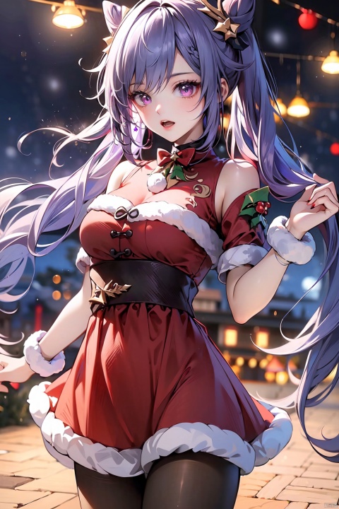  1girl,solo,keqing,cowboy_shot,christmas costumes,long hair,twintails,hair rings,hair ornament,looking at viewer,purple eyes,purple hair,open mouth,best quality,masterpiece,ultra high res,Christmas,