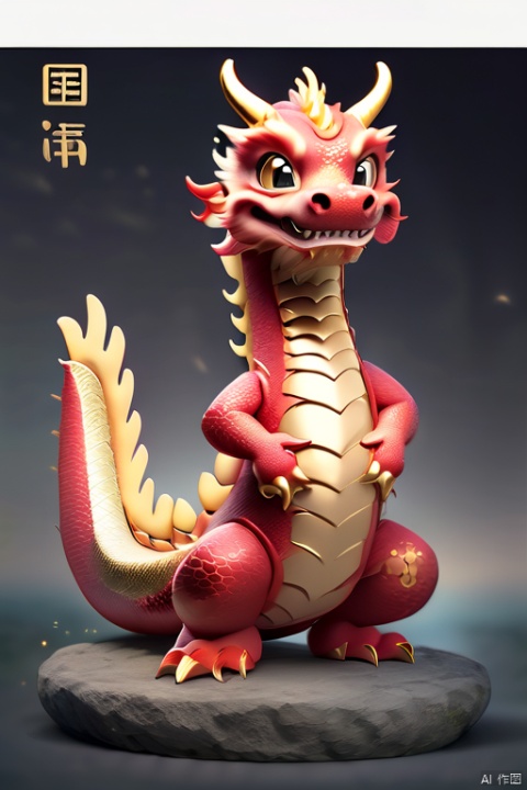  A Chinese dragon with a cute round face, smile:0.8,focus, A gentle gaze:0.9,dragon horns, claws, dragon tail, clear hair, scales, standing posture, red and gold, Chinese Spring Festival, festive, facing the camera: 1,Centered composition, realistic, and textured,