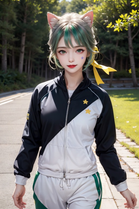  Linnitelp, Lynette_ (genshin_impact), 1girl, solo, game CG, red lips, upper body, cat ears, purple eyes, (star_ (symbol): 1.3), white hair, (green hair bow: 1.3), baby face, outdoor, (in white tracksuit, white sweatpants: 1.3), (in yellow tracksuit, black sweatpants: 1.3), ((breeze)), splash, flappy petals, wind, Smiling, upper body shots