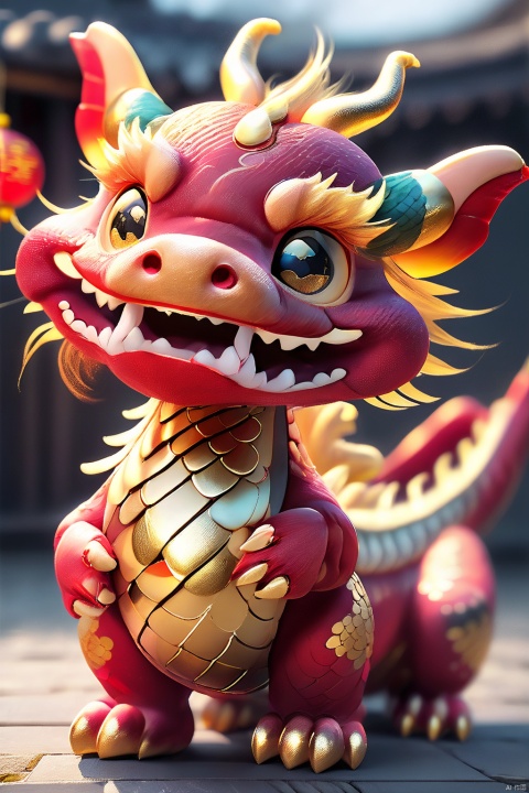  A Chinese dragon with a cute round face, smile:0.8,focus, A gentle gaze:0.9,dragon horns, claws, dragon tail, clear hair, scales, standing posture, red and gold, Chinese Spring Festival, festive, facing the camera: 1,Centered composition, realistic, and textured,