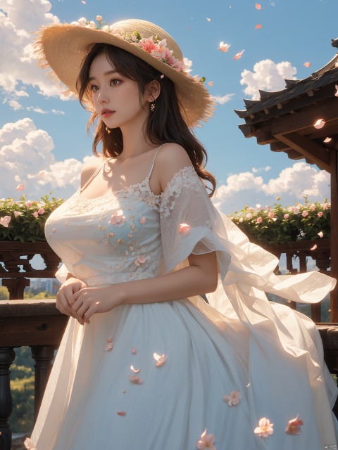  masterpiece, 1 girl, 18 years old, Look at me, long_hair, straw_hat, Wreath, petals, Big breasts, Light blue sky, Clouds, hat_flower, jewelry, Stand, outdoors, Garden, falling_petals, White dress, textured skin, super detail, best quality, HUBG_Rococo_Style(loanword), (\shen ming shao nv\)