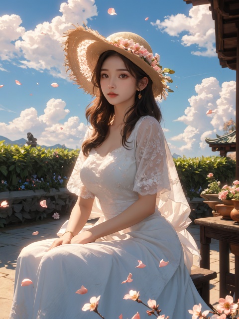  masterpiece, 1 girl, 18 years old, Look at me, long_hair, straw_hat, Wreath, petals, Big breasts, Light blue sky, Clouds, hat_flower, jewelry, Stand, outdoors, Garden, falling_petals, White dress, textured skin, super detail, best quality, HUBG_Rococo_Style(loanword), (\shen ming shao nv\)