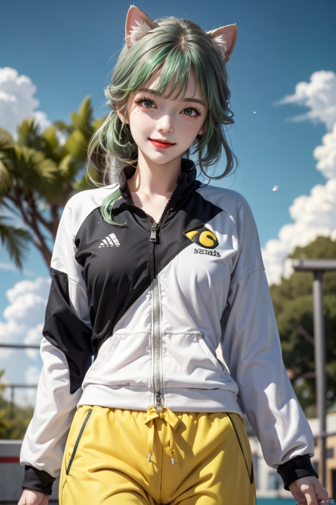  Linnitelp, Lynette_ (genshin_impact), 1girl, solo, game CG, red lips, upper body, cat ears, purple eyes, (star_ (symbol): 1.3), white hair, (green hair bow: 1.3), baby face, outdoor, (in white tracksuit, white sweatpants: 1.3), (in yellow tracksuit, black sweatpants: 1.3), ((breeze)), splash, flappy petals, wind, Smiling, upper body shots