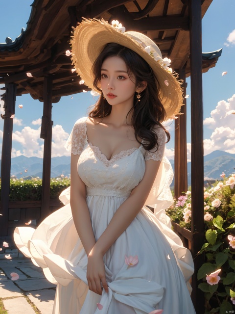  masterpiece, 1 girl, 18 years old, Look at me, long_hair, straw_hat, Wreath, petals, Big breasts, Light blue sky, Clouds, hat_flower, jewelry, Stand, outdoors, Garden, falling_petals, White dress, textured skin, super detail, best quality, HUBG_Rococo_Style(loanword), (\shen ming shao nv\)