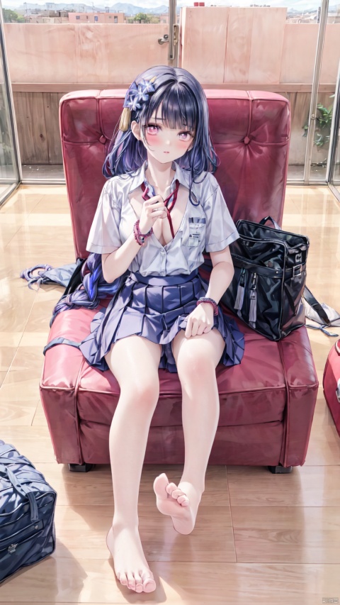  Masterpiece,best quality,1 girl,pink eyes,pointy ears,school uniform,(large chest),short ear hair,alternative clothing,lavender skirt,fringe,looking at the audience,blush,bag,symbolic pupils,short purple hair,bracelet,shirt,fringe,contemporary,braid,pleated skirt,lavender skirt,white shirt,dark purple tie,collared shirt,(in the classroom),(Full length),(sitting on a table),(Lift legs, spread legs, ),(pubic area with love tattoos, lavender pubic hair),(bare feet, delicate bare feet),raiden shogun,the book between the legs,holding a backpack,