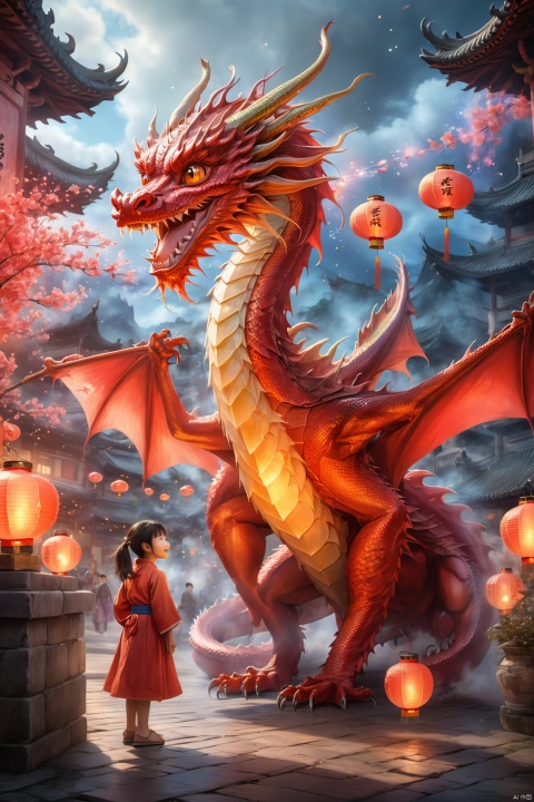  The painting presents a scene full of festive atmosphere. In the center of the picture, a red dragon rises in the air, its scales shining like flames dancing. The dragon's eyes are bright, and the corners of his mouth are slightly turned, as if he were laughing. The dragon's posture is strong, like a lightning across the sky, giving people a strong visual impact. In front of the dragon, a girl in a red dress holds fireworks in her hand and jumps merrily. The red dress is fluttering in the wind, and the red dragon is set against each other. The girl's face was filled with a happy smile, as if celebrating some happy event. Her eyes shone like stars, and she looked forward to the future. The background of the picture is a lively street, lanterns are hung high, and the festive atmosphere permeates every corner. The houses, streets and people in the distance are all looming, forming a strong contrast with the dragons and girls in the foreground, making the picture more vivid and three-dimensional.
1 girl and 1 dragon,full body,
render,technology, (best quality) (masterpiece), (highly detailed), 4K,Official art, unit 8 k wallpaper, ultra detailed, masterpiece, best quality, extremely detailed, dynamic angle,atmospheric,highdetail,exquisitefacialfeatures,futuristic,sciencefiction,CG, cute animal