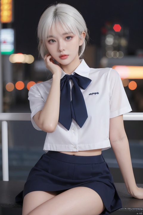  1girl,(8k, RAW photo, best quality, masterpiece:1.3),(realistic,photo-realistic:1.37),(night),(looking at viewer:1.331),(white hair),posing,Tokyo street,nightcityscape, , cyberpunk city,soft light,1girl,extremely beautiful face,bust,put down hands,Random hairstyle,Random expression,big eyes, ,lower abdomen,(short-sleeved 
JK_shirt),JK_style,(dark blue JK_skirt) ,(bow JK_tie),mix4, an extremely delicate and beautiful girl, depth of field, blurry background, blurry foreground, delicate, beautiful, beautiful face, beautiful eyes, beautiful girl, delicate face, delicate girl, 8k wallpaper,(best quality:1.12),(detailed:1.12),(intricate:1.12),(ultra-detailed:1.12),(highres:1.12), hyper detailed,ultra-detailed, high resolution illustration, colorful, 8k wallpaper, highres, Cinematic light, ray tracing, (8k, RAW photo, best quality, masterpiece, ultra highres, ultra detailed:1.2), (realistic, photo-realistic:), HUBG_Beauty_Girl