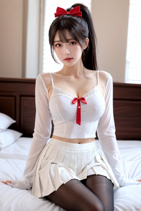  1girl, mature female, solo, looking at viewer, lace, strong rim light,(Indoor | Palace | Hall | Bedroom),gaoxiong, thighband pantyhose, uniform, black hair, ponytail, white gloves, military uniform, pleated skirt, bow, black pantyhose, hair bow, large breasts, very long hair, miniskirt, panties under pantyhose, sheath, underwear,, long sleeves, white skirt, bangs, buttons, double-breasted, white bow, sheathed,Blue,camisole,red