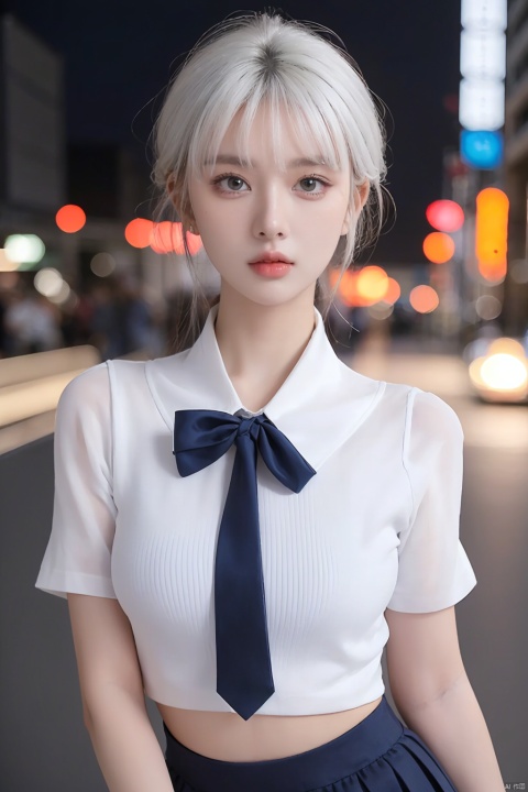  1girl,(8k, RAW photo, best quality, masterpiece:1.3),(realistic,photo-realistic:1.37),(night),(looking at viewer:1.331),(white hair),posing,Tokyo street,nightcityscape, , cyberpunk city,soft light,1girl,extremely beautiful face,bust,put down hands,Random hairstyle,Random expression,big eyes, ,lower abdomen,(short-sleeved 
JK_shirt),JK_style,(dark blue JK_skirt) ,(bow JK_tie),mix4, an extremely delicate and beautiful girl, depth of field, blurry background, blurry foreground, delicate, beautiful, beautiful face, beautiful eyes, beautiful girl, delicate face, delicate girl, 8k wallpaper,(best quality:1.12),(detailed:1.12),(intricate:1.12),(ultra-detailed:1.12),(highres:1.12), hyper detailed,ultra-detailed, high resolution illustration, colorful, 8k wallpaper, highres, Cinematic light, ray tracing, (8k, RAW photo, best quality, masterpiece, ultra highres, ultra detailed:1.2), (realistic, photo-realistic:), HUBG_Beauty_Girl