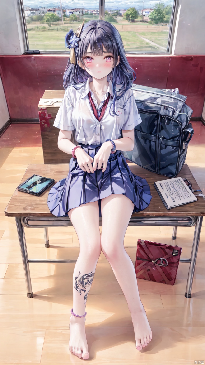  Masterpiece,best quality,1 girl,pink eyes,pointy ears,school uniform,(large chest),short ear hair,alternative clothing,lavender skirt,fringe,looking at the audience,blush,bag,symbolic pupils,short purple hair,bracelet,shirt,fringe,contemporary,braid,pleated skirt,lavender skirt,white shirt,dark purple tie,collared shirt,(in the classroom),(Full length),(sitting on a table),(Lift legs, spread legs, ),(pubic area with love tattoos, lavender pubic hair),(bare feet, delicate bare feet),raiden shogun,the book between the legs,holding a backpack,