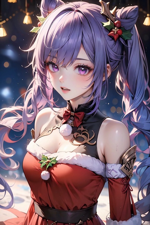  1girl,solo,keqing,cowboy_shot,christmas costumes,long hair,twintails,hair rings,hair ornament,looking at viewer,purple eyes,purple hair,open mouth,best quality,masterpiece,ultra high res,Christmas,