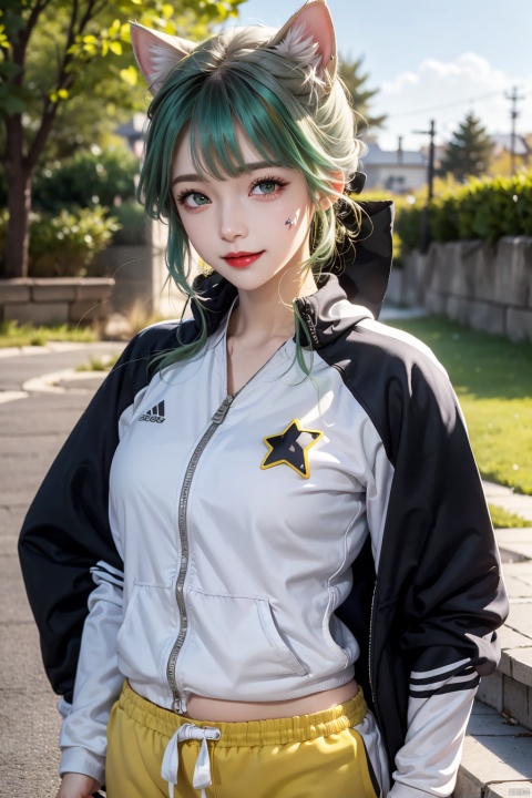  Linnitelp, Lynette_ (genshin_impact), 1girl, solo, game CG, red lips, upper body, cat ears, purple eyes, (star_ (symbol): 1.3), white hair, (green hair bow: 1.3), baby face, outdoor, (in white tracksuit, white sweatpants: 1.3), (in yellow tracksuit, black sweatpants: 1.3), ((breeze)), splash, flappy petals, wind, Smiling, upper body shots