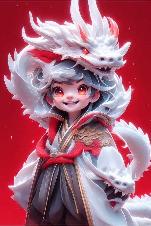  1 girl, long white hair, smiling, oriental dragon, long sleeve, jacket, bangs,, red background