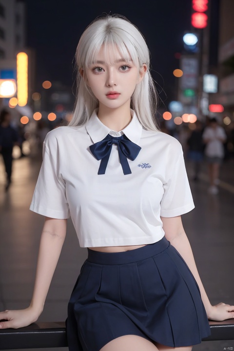  1girl,(8k, RAW photo, best quality, masterpiece:1.3),(realistic,photo-realistic:1.37),(night),(looking at viewer:1.331),(white hair),posing,Tokyo street,nightcityscape, , cyberpunk city,soft light,1girl,extremely beautiful face,bust,put down hands,Random hairstyle,Random expression,big eyes, ,lower abdomen,(short-sleeved 
JK_shirt),JK_style,(dark blue JK_skirt) ,(bow JK_tie),mix4, an extremely delicate and beautiful girl, depth of field, blurry background, blurry foreground, delicate, beautiful, beautiful face, beautiful eyes, beautiful girl, delicate face, delicate girl, 8k wallpaper,(best quality:1.12),(detailed:1.12),(intricate:1.12),(ultra-detailed:1.12),(highres:1.12), hyper detailed,ultra-detailed, high resolution illustration, colorful, 8k wallpaper, highres, Cinematic light, ray tracing, (8k, RAW photo, best quality, masterpiece, ultra highres, ultra detailed:1.2), (realistic, photo-realistic:), HUBG_Beauty_Girl