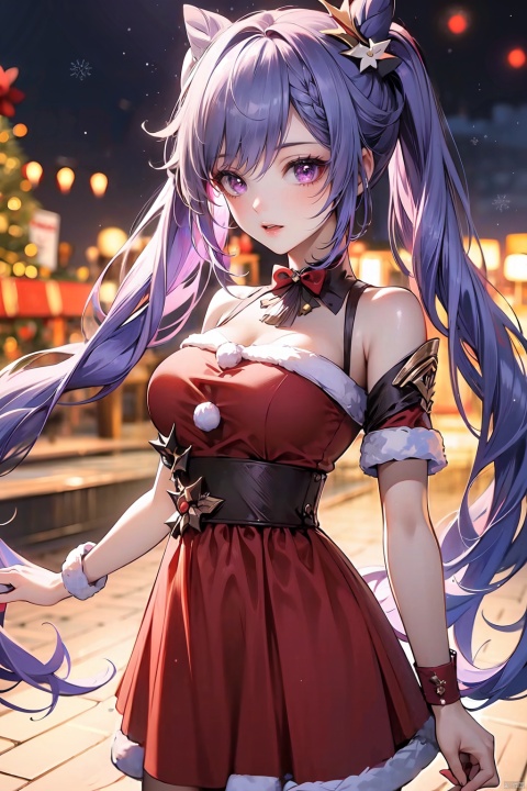  1girl,solo,keqing,cowboy_shot,christmas costumes,long hair,twintails,hair rings,hair ornament,looking at viewer,purple eyes,purple hair,open mouth,best quality,masterpiece,ultra high res,Christmas,