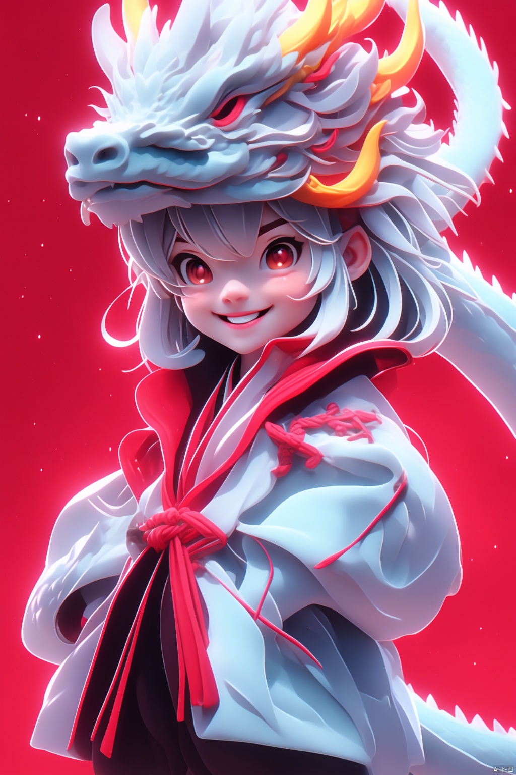  1 girl, long white hair, smiling, oriental dragon, long sleeve, jacket, bangs,, red background