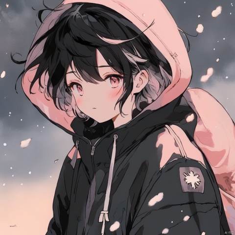  (nsfw:1.8), (official art:1.4),ultra-detailed,(best quality),((masterpiece)),
anime,
\\,
BREAK
((1boy)), pink eyes,light_blush,black_hair,short-hair,((hoodie)),snow, snow, snowflakes floating in the sky,