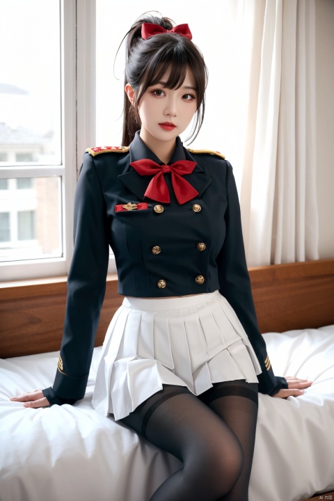  1girl, mature female, solo, looking at viewer, lace, strong rim light,(Indoor | Palace | Hall | Bedroom),gaoxiong, thighband pantyhose, uniform, black hair, ponytail, white gloves, military uniform, pleated skirt, bow, black pantyhose, hair bow, large breasts, very long hair, miniskirt, panties under pantyhose, sheath, underwear,, long sleeves, white skirt, bangs, buttons, double-breasted, white bow, sheathed,Blue,camisole,red