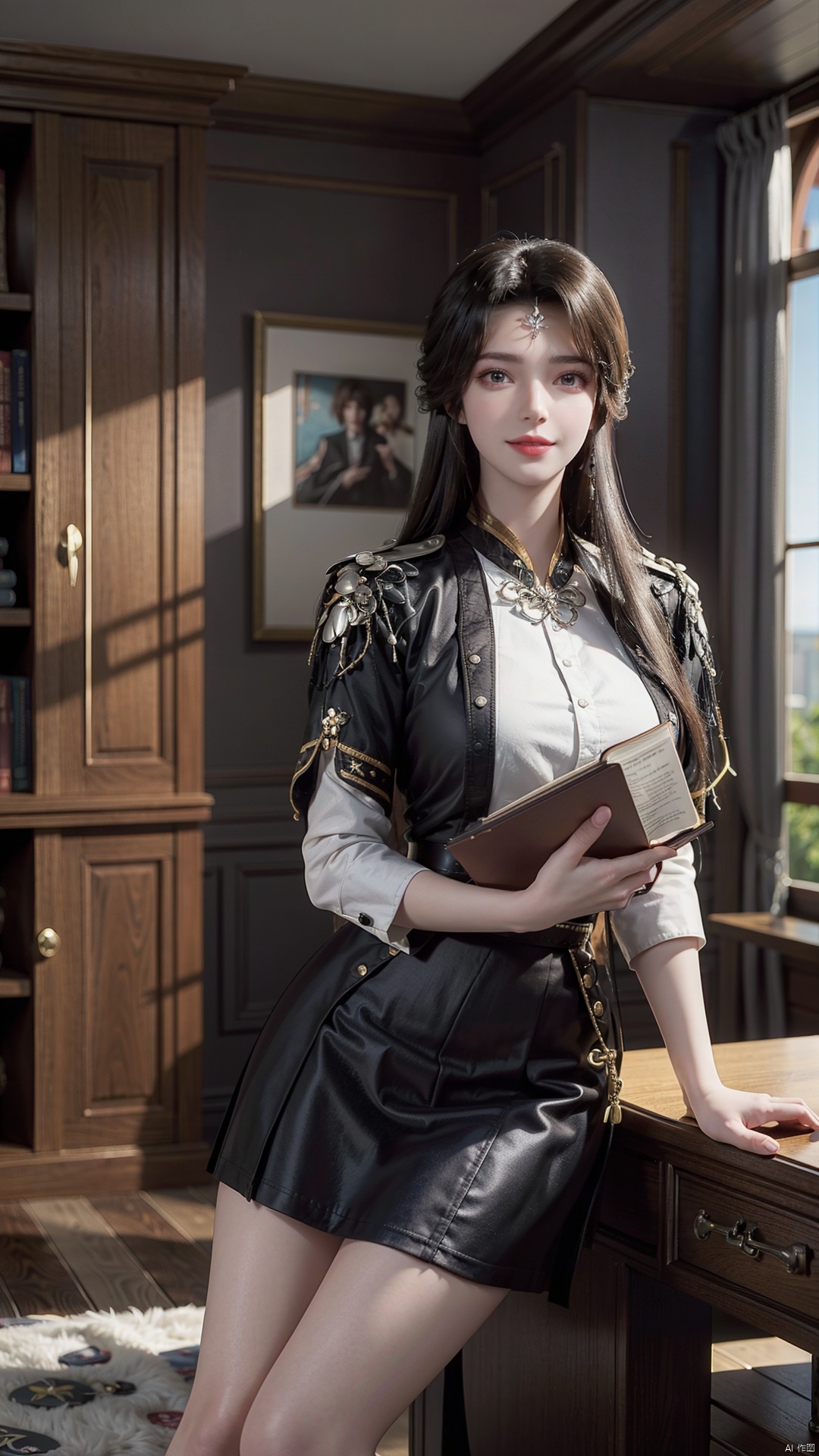  (look book:1.6),(In the study:1.5),a girl, (behind the girl is a bookcase:1.2),(the girl is holding a book in her hand:1.5),((Best quality)) ,Commercial photograph,(center of screen) , (good composition), (in frame), centered, 8k, 4k, detailed, attractive, beautiful, impressive, photorealistic, realistic, cinematic composition, volumetric lighting, high-resolution, vivid, detailed, stunning, professional, lifelike, crisp, flawless, DSLR, detailed, sharp, best quality, high quality, highres, absurdres,smiling,Half body, Uniform 8k quality, Super Detail, 1 girl,wide_shot,full_shot,d,aoa,on back,on_side,prone_bone,dark academia,wzgrx, room2