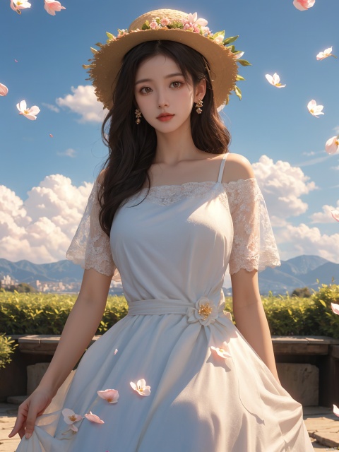  masterpiece, 1 girl, 18 years old, Look at me, long_hair, straw_hat, Wreath, petals, Big breasts, Light blue sky, Clouds, hat_flower, jewelry, Stand, outdoors, Garden, falling_petals, White dress, textured skin, super detail, best quality, HUBG_Rococo_Style(loanword), (\shen ming shao nv\)