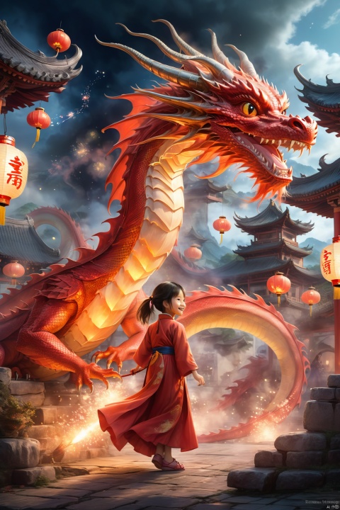  The painting presents a scene full of festive atmosphere. In the center of the picture, a red dragon rises in the air, its scales shining like flames dancing. The dragon's eyes are bright, and the corners of his mouth are slightly turned, as if he were laughing. The dragon's posture is strong, like a lightning across the sky, giving people a strong visual impact. In front of the dragon, a girl in a red dress holds fireworks in her hand and jumps merrily. The red dress is fluttering in the wind, and the red dragon is set against each other. The girl's face was filled with a happy smile, as if celebrating some happy event. Her eyes shone like stars, and she looked forward to the future. The background of the picture is a lively street, lanterns are hung high, and the festive atmosphere permeates every corner. The houses, streets and people in the distance are all looming, forming a strong contrast with the dragons and girls in the foreground, making the picture more vivid and three-dimensional.
1 girl and 1 dragon,full body,
render,technology, (best quality) (masterpiece), (highly detailed), 4K,Official art, unit 8 k wallpaper, ultra detailed, masterpiece, best quality, extremely detailed, dynamic angle,atmospheric,highdetail,exquisitefacialfeatures,futuristic,sciencefiction,CG, cute animal