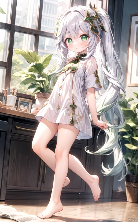  best_quality, extremely detailed details, simple,clean_picture, loli,solo,1 girl,full_body,
pretty face,extremely delicate and beautiful girls,(beautiful detailed eyes),green_eyes,white_hair,very_long_hair,
office_room,(((shirt))),only_shirt,bare_legs,bare_foots,no_dress,no_ trousers,no_pants,
nahida (genshin impact), , nahida (genshin impact), , , ,