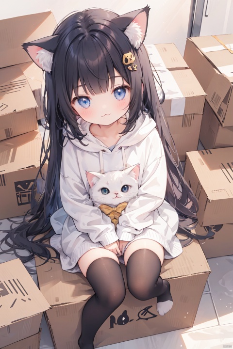  1girl,solo,cat girl,blunt bangs,hair ornament,(:3),long hair,Hoodies_Cat pattern,cat_thighhighs,from above,Sitting in a cardboard box,Cats and cats cuddle in cardboard boxes,