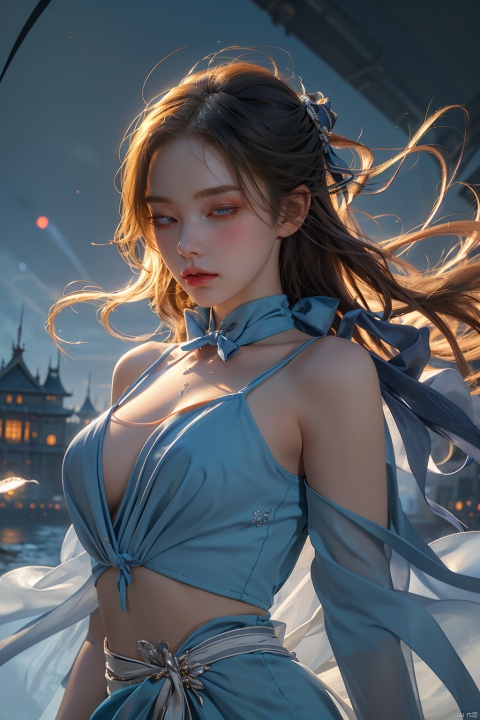  (((masterpiece))),best quality, illustration,(beautiful detailed girl),beautiful detailed glow,detailed ice,beautiful detailed water,(beautiful detailed eyes),expressionless,(floating palaces),azure hair,disheveled hair,long bangs, hairs between eyes,(skyblue dress),black ribbon,white bowties,midriff,{{{half closed eyes}}},big forhead,blank stare,flower,large top sleeves