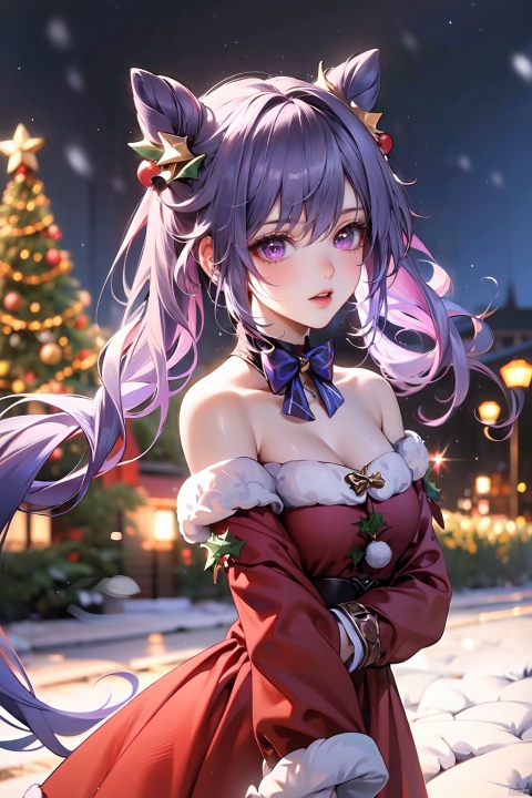  1girl,solo,keqing,cowboy_shot,christmas costumes,long hair,twintails,hair rings,hair ornament,looking at viewer,purple eyes,purple hair,open mouth,best quality,masterpiece,ultra high res,Christmas,