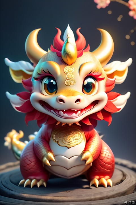  A Chinese dragon with a cute round face, smile:0.8,focus, A gentle gaze:0.9,dragon horns, claws, dragon tail, clear hair, scales, standing posture, red and gold, Chinese Spring Festival, festive, facing the camera: 1,Centered composition, realistic, and textured,