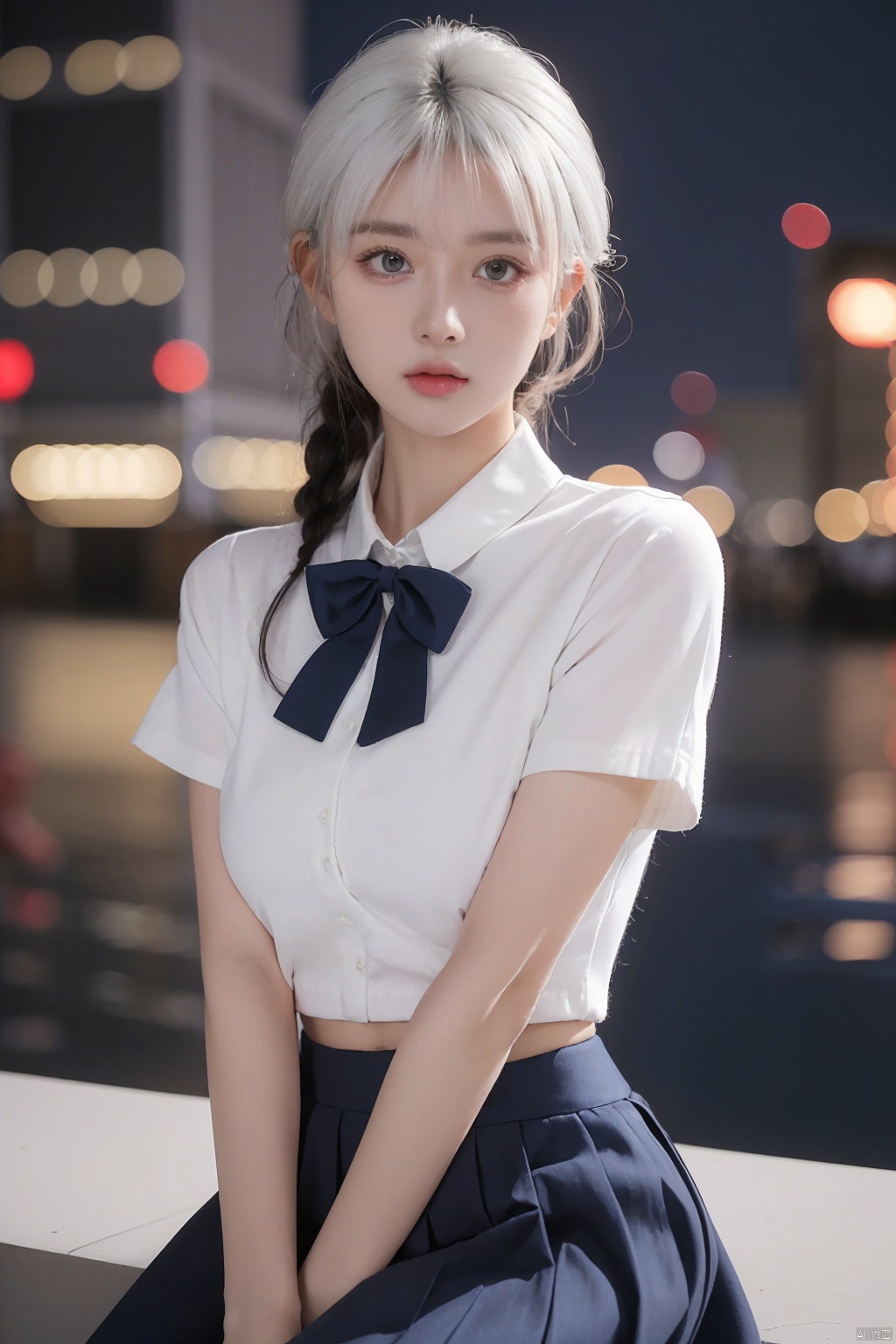  1girl,(8k, RAW photo, best quality, masterpiece:1.3),(realistic,photo-realistic:1.37),(night),(looking at viewer:1.331),(white hair),posing,Tokyo street,nightcityscape, , cyberpunk city,soft light,1girl,extremely beautiful face,bust,put down hands,Random hairstyle,Random expression,big eyes, ,lower abdomen,(short-sleeved 
JK_shirt),JK_style,(dark blue JK_skirt) ,(bow JK_tie),mix4, an extremely delicate and beautiful girl, depth of field, blurry background, blurry foreground, delicate, beautiful, beautiful face, beautiful eyes, beautiful girl, delicate face, delicate girl, 8k wallpaper,(best quality:1.12),(detailed:1.12),(intricate:1.12),(ultra-detailed:1.12),(highres:1.12), hyper detailed,ultra-detailed, high resolution illustration, colorful, 8k wallpaper, highres, Cinematic light, ray tracing, (8k, RAW photo, best quality, masterpiece, ultra highres, ultra detailed:1.2), (realistic, photo-realistic:), HUBG_Beauty_Girl