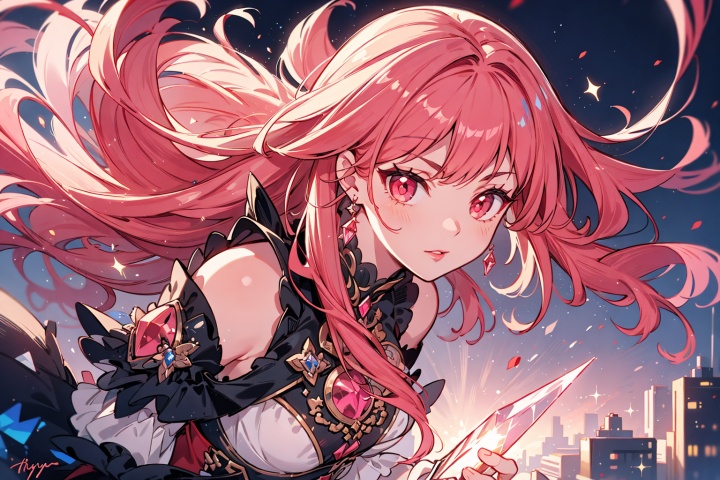 (aerial view,view of city),1girl flying in air,beautiful cute crystal girl in 26 years old, wearing crystal wear, the crystal is evil, black and pink and red glowing crystal, crystal pink hair, the power is every wear, she is evil but cute, the crystal is evil and glowing black and pink and red colors, detailed evil eyes,she has a serious expression and her lips are closed glowing crystal wear, (incredible details, cinematic ultra wide angle, depth of failed, hyper detailed, insane details, hyper realistic, high resolution, cinematic lighting, soft lighting, incredible quality, dynamic shot,,Hair with scenery,baiyueguangya,huliya,glint sparkle,1 girl,Sky Fantasy