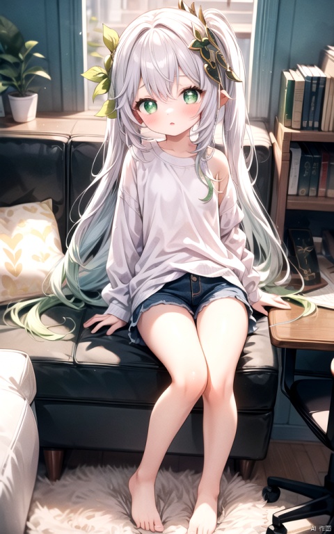  best_quality, extremely detailed details, simple,clean_picture, loli,solo,1 girl,full_body,
pretty face,extremely delicate and beautiful girls,(beautiful detailed eyes),green_eyes,white_hair,very_long_hair,
office_room,(((shirt))),only_shirt,bare_legs,bare_foots,no_dress,no_ trousers,no_pants,
nahida (genshin impact), , nahida (genshin impact), , , ,