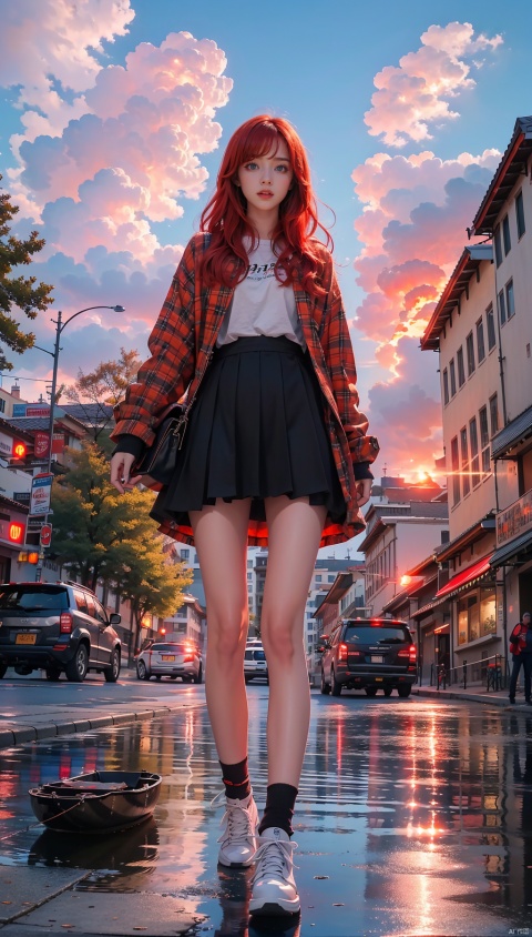  1 Girl, solo, red hair, blue eyes, glowing, glowing eyes,
Perfect body, pretty face with details, whole body, shoes, long eye browses, big, cut eyes, movie lights, Movie lights, strong contrast, high level of detail, best quality, masterpiece, white background, Chinese style, midjournal portal, lake surface, small boat, fallen leaves, autumn, military coat, sunset, sunset, sunset, red clouds, reflection,