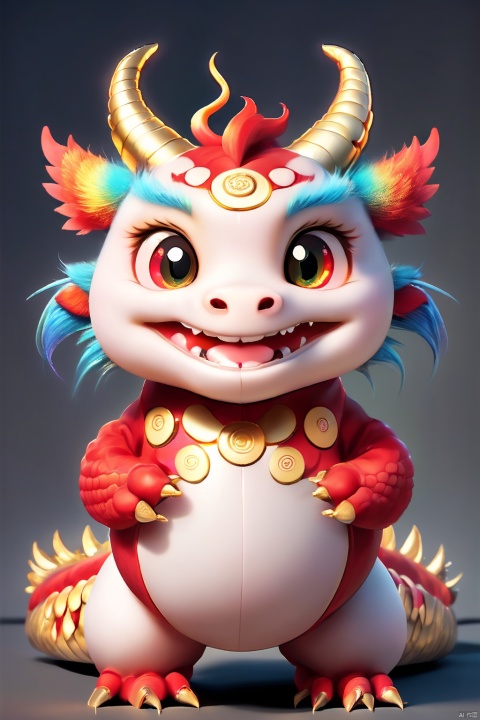  A Chinese dragon with a cute round face, smile:0.8,focus, A gentle gaze:0.9,dragon horns, claws, dragon tail, clear hair, scales, standing posture, red and gold, Chinese Spring Festival, festive, facing the camera: 1,Centered composition, realistic, and textured,