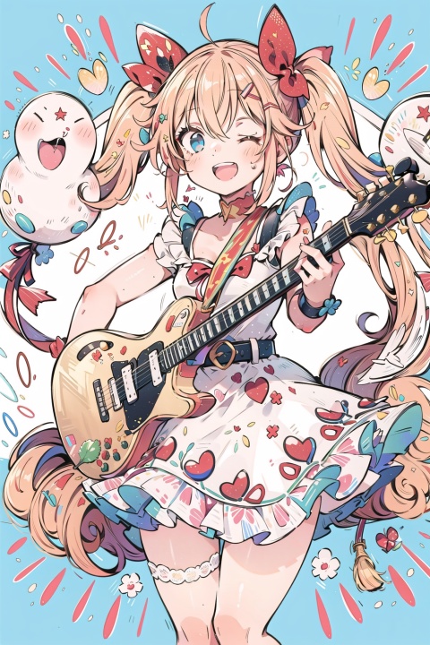 masterpiece, A girl holding a guitar, singing, happy, dopamine style